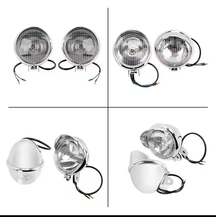 Set Proiectoare crom cromate nichel lumini moto CHOPPER bobber cruiser