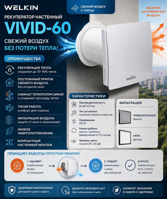 Рекуператор настенный Vivivd- 60 Welkin на 25 м2 / Доставка