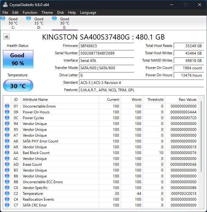 SSD Kingston A400 480GB SATA 3 - Sănătate 90%