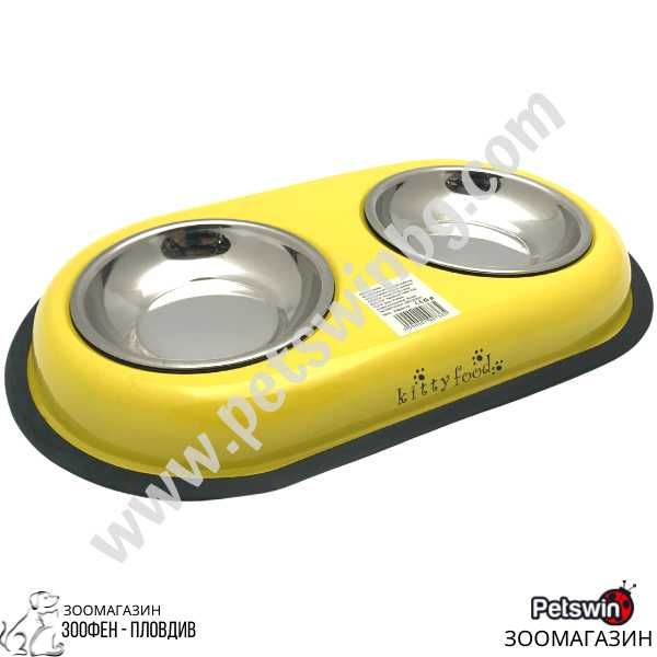 Двойна Купа и Две Купи Инокс - за Куче/Коте - 2x180ML- Жълта разцветка