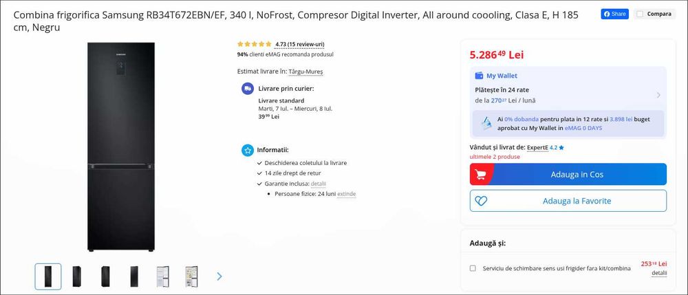Combina frigorifica Samsung RB34T672EBN/EF, 340 l, NoFrost, Compresor Digital Inverter, All around coooling, Clasa E, H 185 cm, Negru