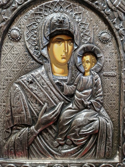 Прекрасна антикварна голяма сребърна икона -,Сертификат