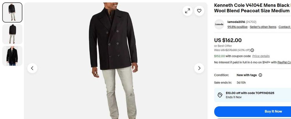Palton casual jacheta L XL Kenneth Cole lana piept detasabil negru