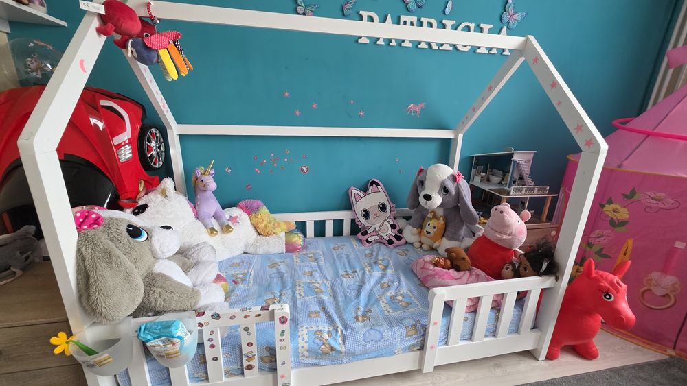 Pat Montessori copii 80x160 cu balustrada si cadru - alb