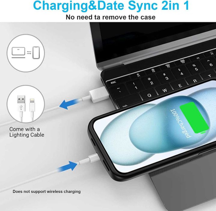 YISHDA калъф с батерия за iPhone 15 (6.1 инча), 7000mAh тънък