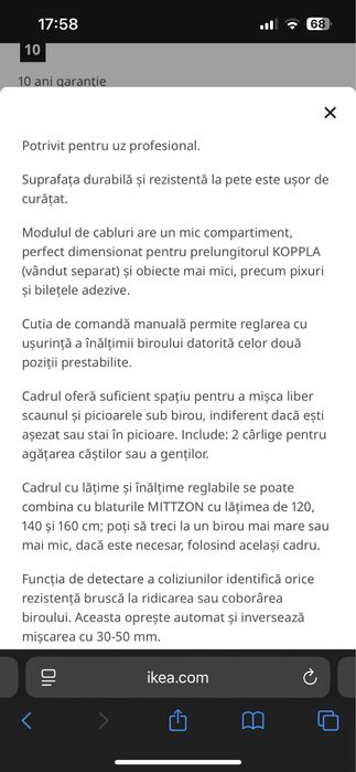 Birou electric inaltime reglabila 160x80 cm, Ikea