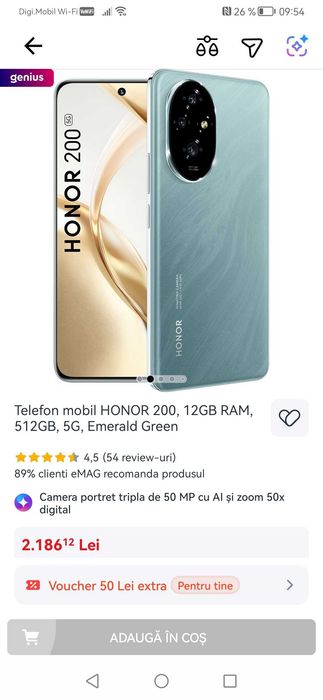 Telefon mobil NOU, HONOR 200, 12GB RAM, 512GB, 5G, Emerald Green