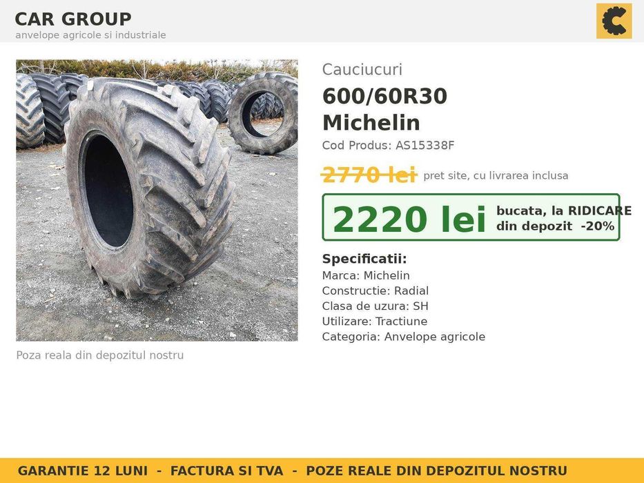 ANVELOPE 600/60R30 Michelin Cauciucuri Tractor Spate 4x4 Fendt John Deere Claas Deutz SH GARANTIE Factura TVA