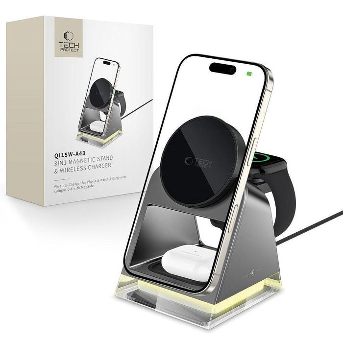 Стойка за безжично зареждане tech protect qi15w - a43 3in1magnetic mag