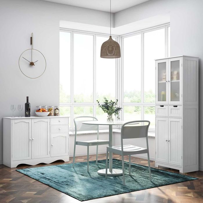 Висок шкаф за баня, стъклена врата и рафтове, 2 чекмеджета, бял