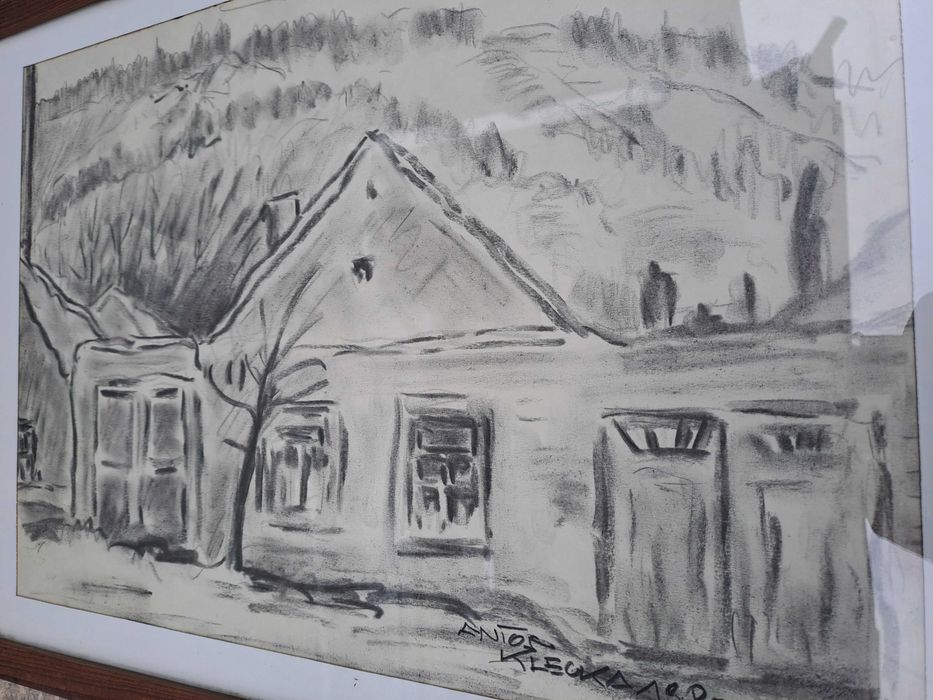 tablou desen in carbune 38/51 cm semnat Anton Klecka 1980