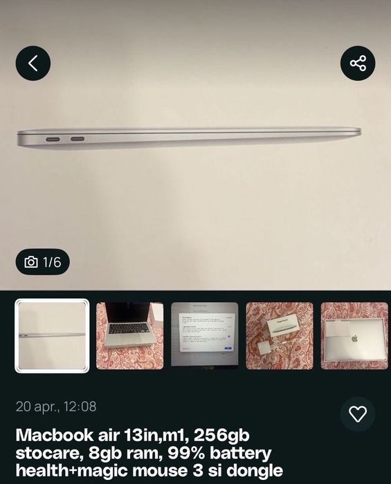 Mcbook Air M1 13 inch,256 gb, magic mouse 3 si dongle