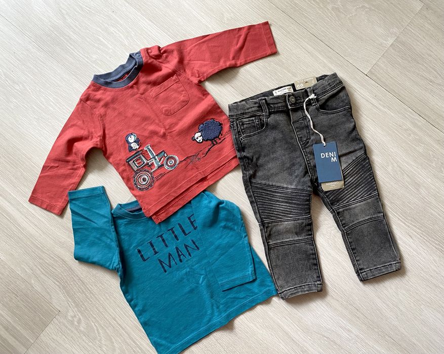 Нови дънки Mango & две цветни блузки 6-9лесеца
