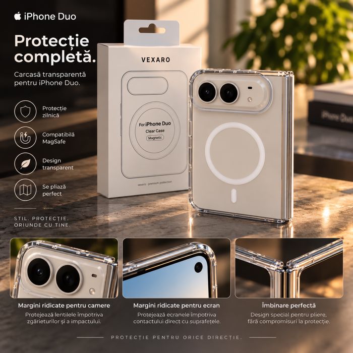 Husa de Protectie Transparenta pentru iPhone Duo, MagSafe, Slim, Pliabila, Margini Ridicate