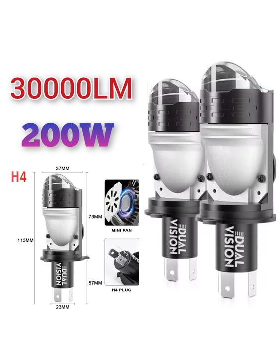 Kit Becuri Led H4 cu LUPA  200w 30.000 Lumeni/set 6000k Canbus 1:1