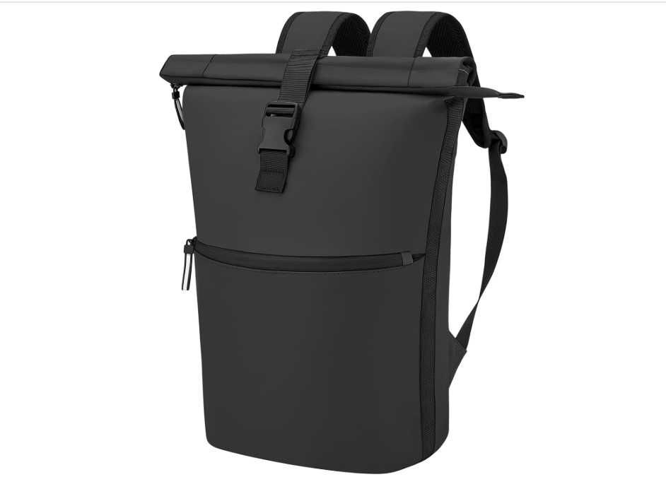 Rucsac roll top waterproof 18-27L laptop 17.3 inch din piele PU negru pentru travel scoala business