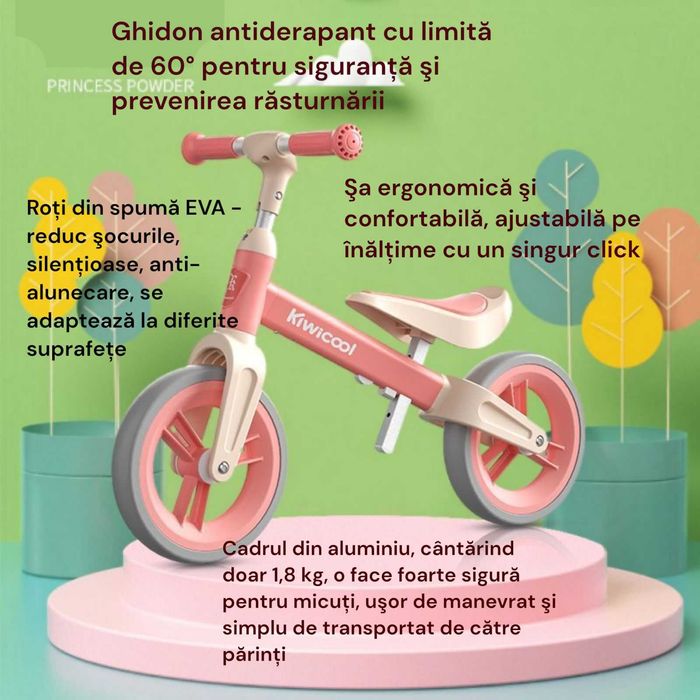 Bicicleta de echilibru-80-110cm, inaltime reglabila roti spuma EVA roz