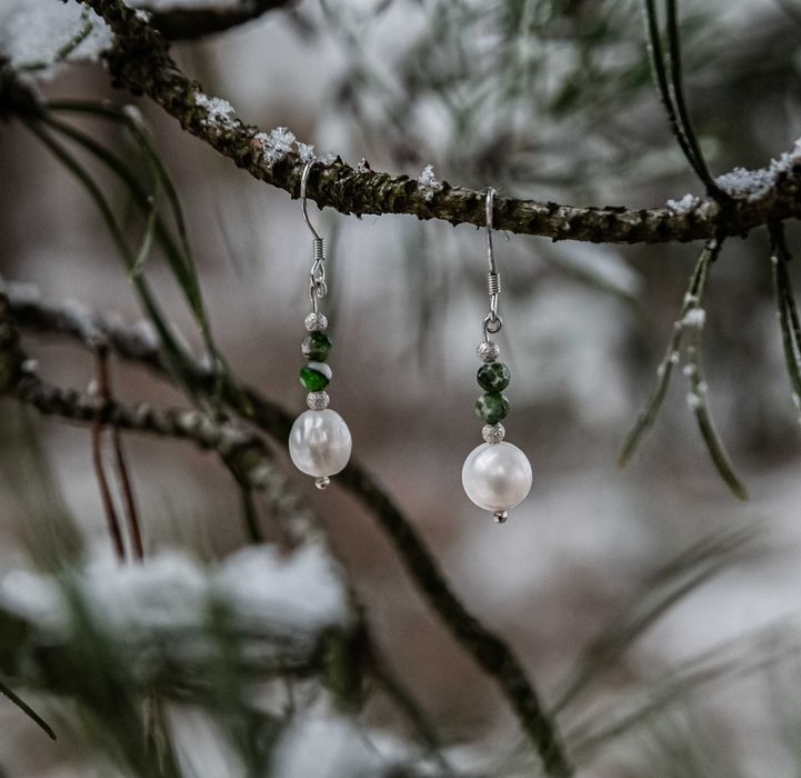 Cercei din Argint 925 cu Perle Naturale si Pietre de Diopsid