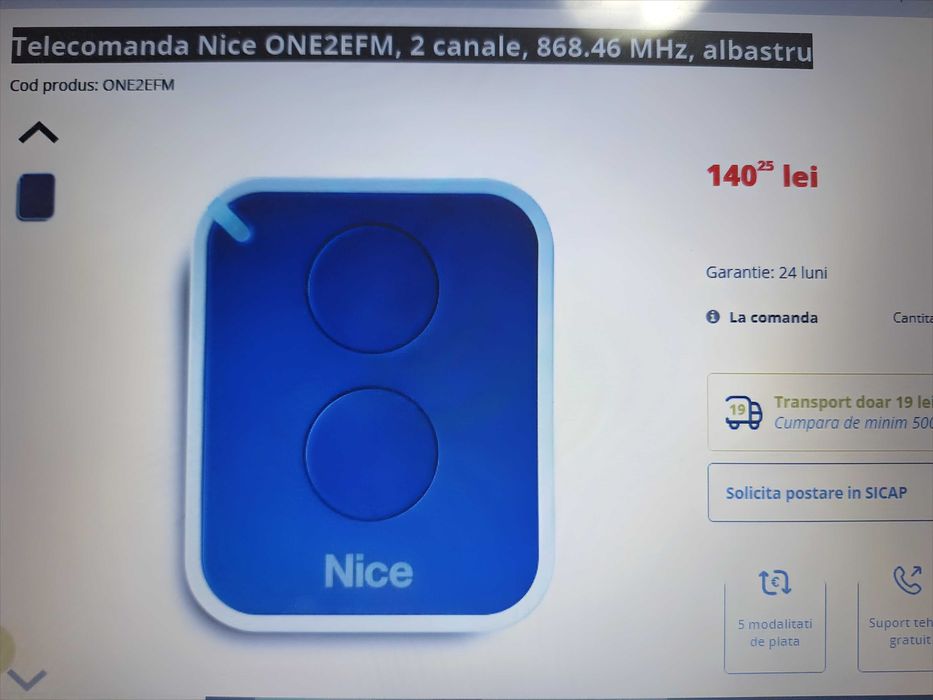 Telecomanda originala Nice ON2EFM 2 canale 868.46 MHz albastru ONE2EFM