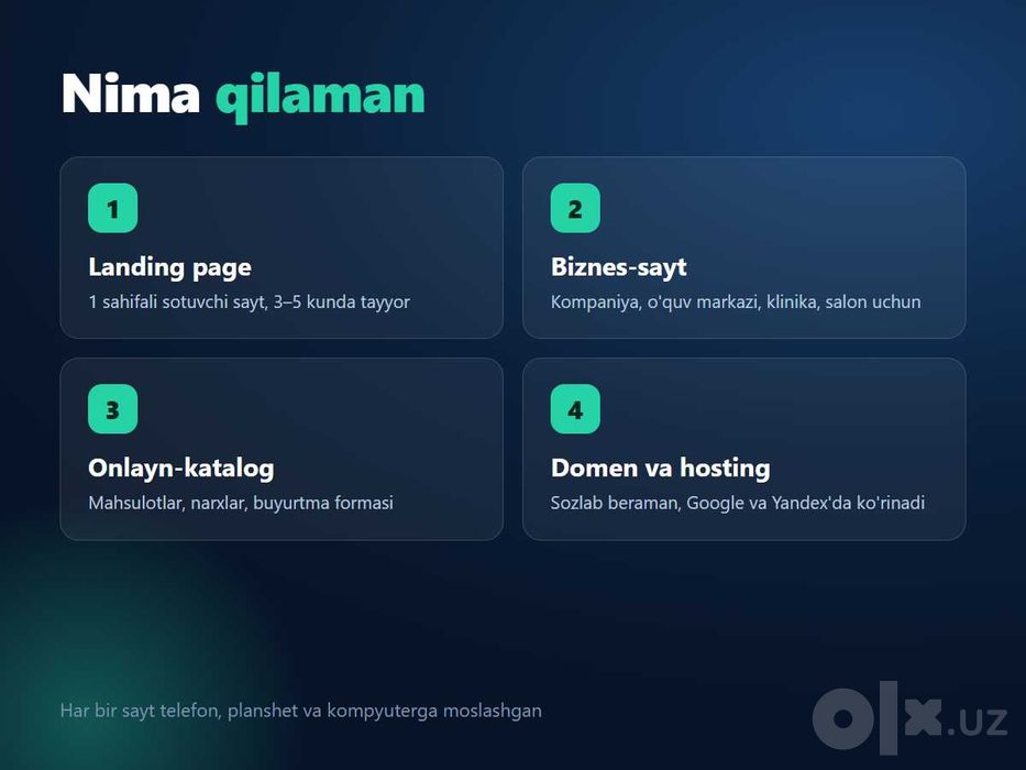 Landing page va web-sayt yasash | 3-5 kunda | Kafolat bilan