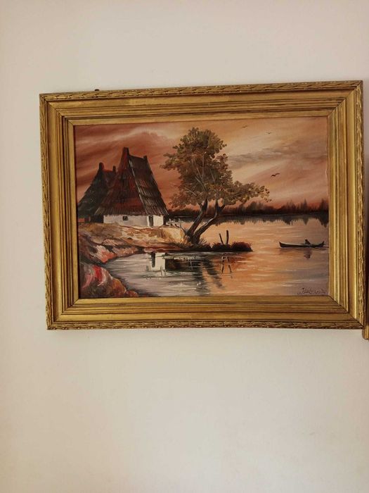 Tablou pictură în ulei – Peisaj la apus cu lac și barcă, ramă din lemn