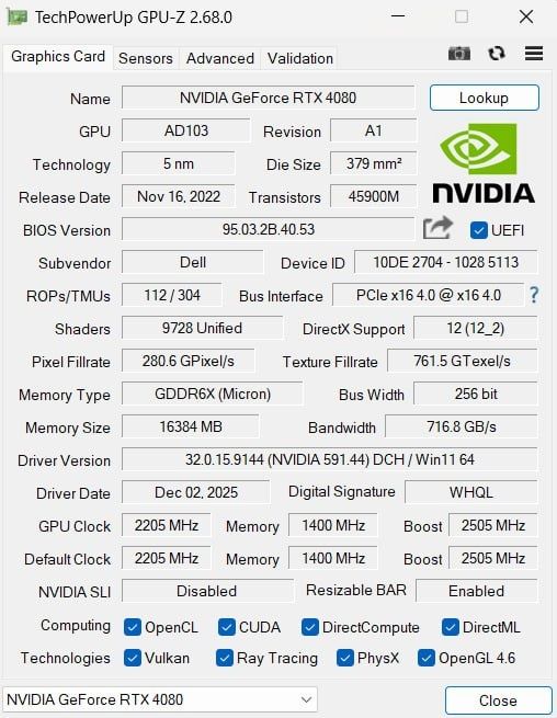 Dell Rtx 4080 16Gb 256Bit GDDR6X