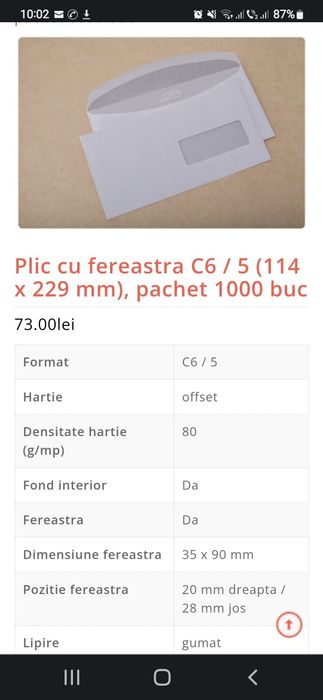 Plicuri cu fereastra, albe, 114x229, 80g, fereastra 35x100