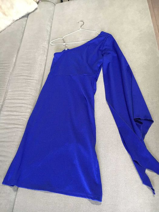 rochie albastra cu o singura maneca decupata, parte peste parte, xs/s