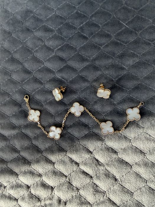 Златна гривна и обици 14к с бял седеф