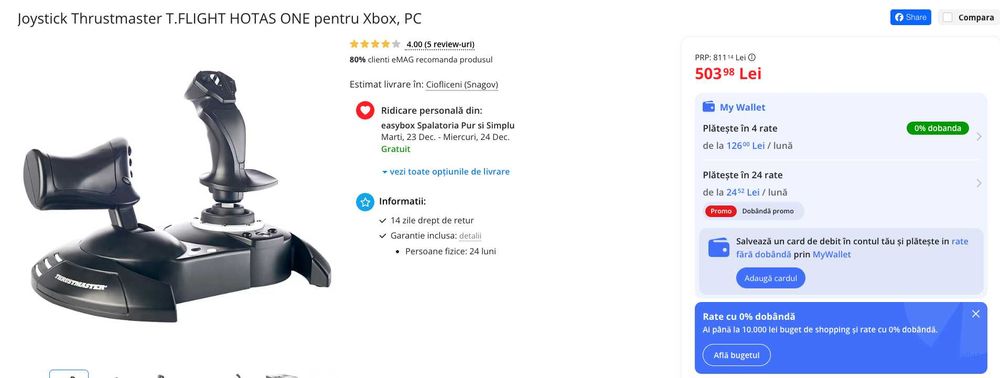 Joystick Thrustmaster Flight Hotas One Xbox sau PC, stare perfecta