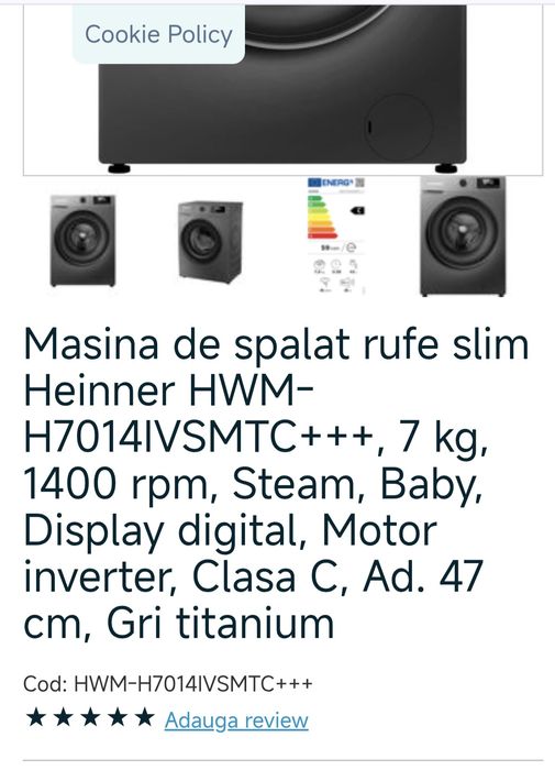 Mașină spălat rufe slim 7 kg /setare timp/temperatura/aburi