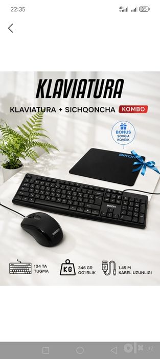 simli klaviatura va sichqoncha gilamcha qoshib beriladi
