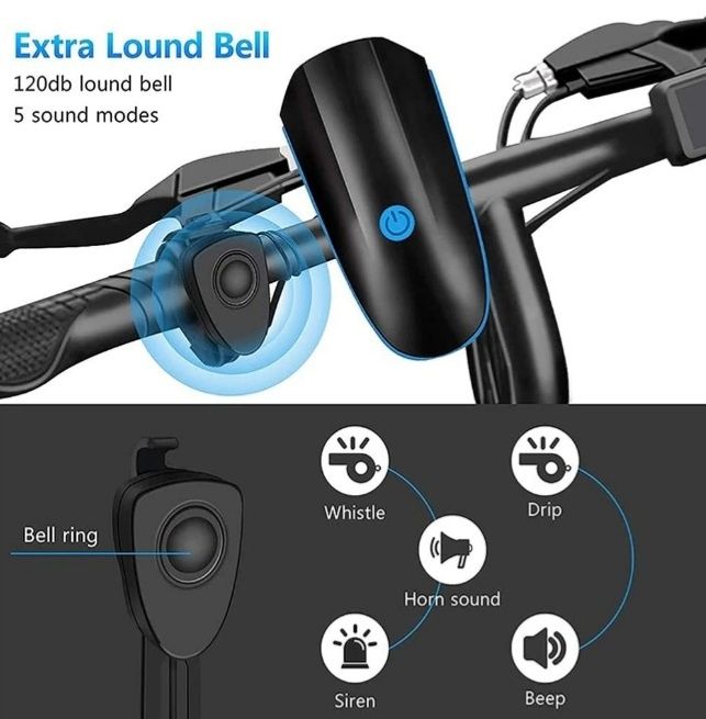 Far lanterna LED 250 lm 2 în 1 sonerie Usb120 db ghidon bicicleta trotineta cursiera mtb 1200 mAh