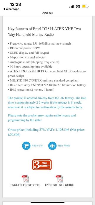 Hendheld marine rafio Entel DT844