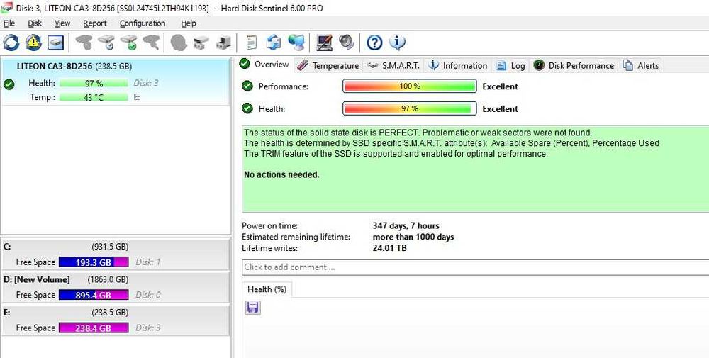 Solid-State Drive (SSD) Lite-On 256GB M.2 NVMe PCIe Gen 3x4, 2100 MB/s Read, 97% Health (HDD Sentinel)