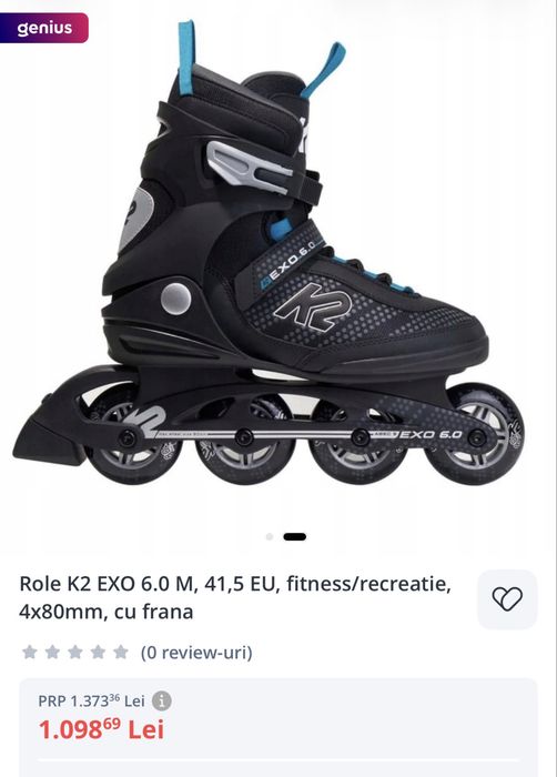Vand Role K2 EXO 6.0 M, 42 EU, fitness/recreatie, 4x80mm, cu frana Pachet Complet Noi