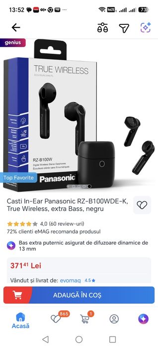 Casti In-Ear Panasonic RZ-B100WDE-K, True Wireless, extra Bass, negru