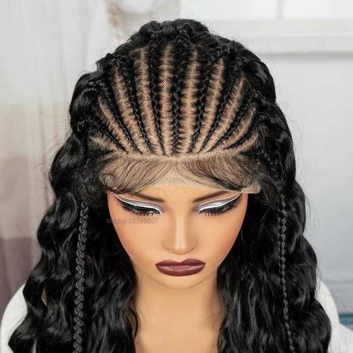 Екзотична черна синтетична перука с пълзящи плитки - Lace Front 13x6