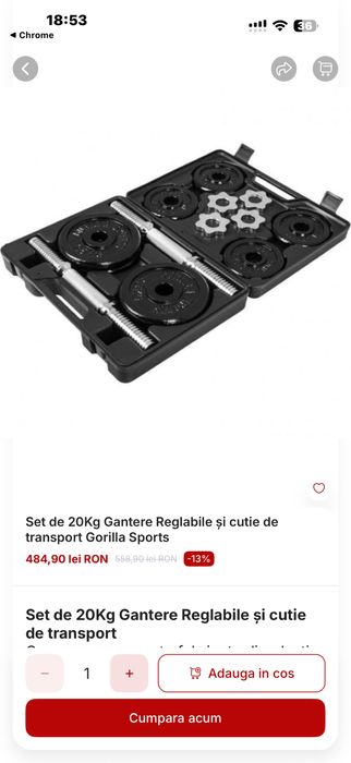 Gantere reglabile noi set 20 kg. 10 kg+10 kg=20 kg+Geanta pret 300 lei