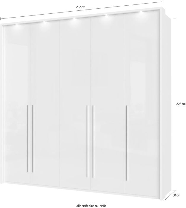 Dulap Piano, 5 usi, iluminare LED, dormitor, Alb lucios, 232 cm latime