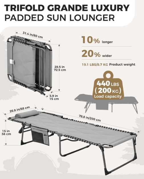 Сгъваем шезлонг KingCamp, голям подплатен градински