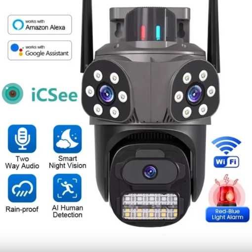 Тройна външна въртяща WiFi AI камера 12MP с три обектива, ICSee, Черна