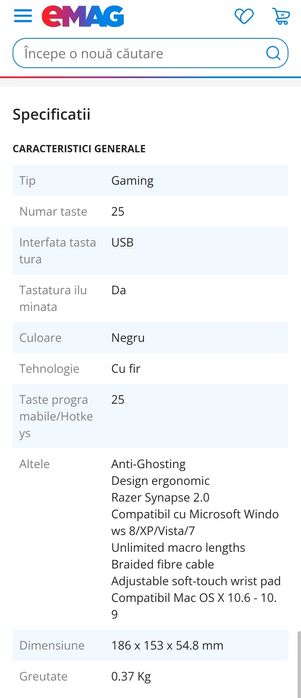 Tastatura Gaming Razer Tartarus, Negru