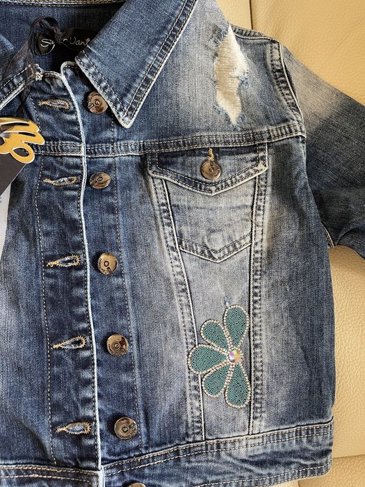 Модерно дънково яке с апликаций от пайети за момиченце,136-148 см.