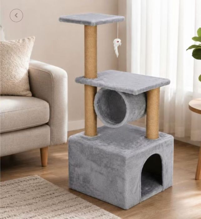 Драскалка за котки XL, 90 см – 4 нива с къщичка, тунел, играчки и сизалови колони