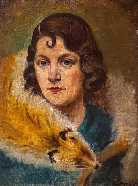 "DOAMNA CU GULER DE VULPE" Tablou f vechi, ulei/pz/c, semnat 50x36cm+R