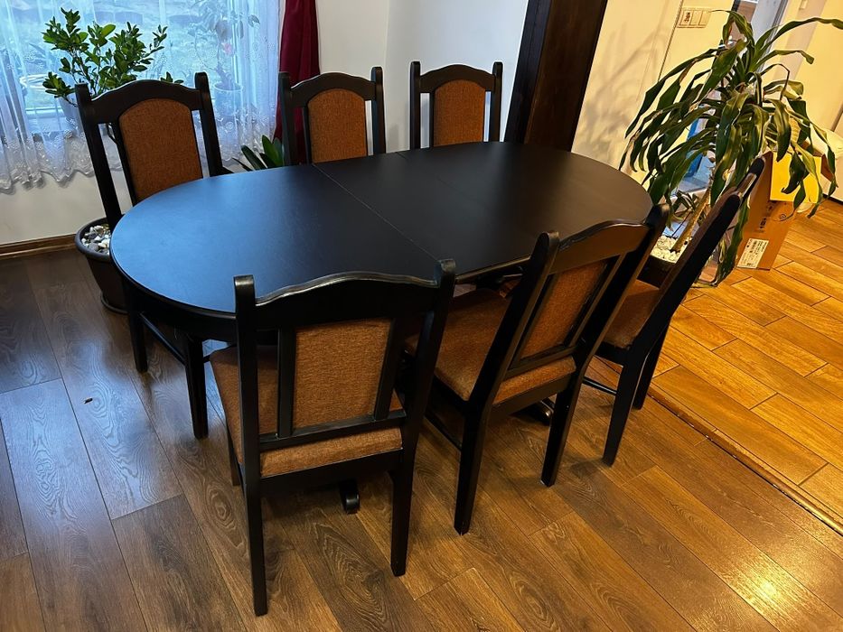 Masă extensibilă din lemn masiv de fag +6 scaune