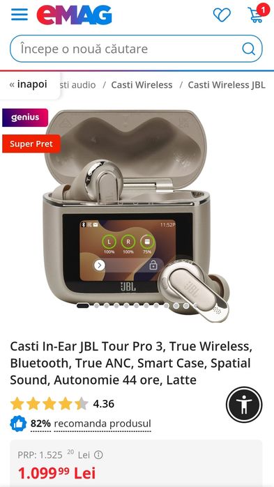 Casti In-Ear JBL Tour Pro 3/ True Wireless/ Bluetooth/ True ANC/ Smart Case/ Spatial Sound/ Autonomie 44 ore Latte/ produs NOU