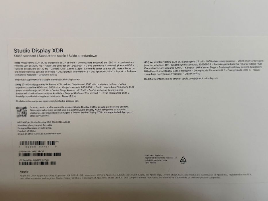 Monitor Apple Studio Display XDR 27'' 5K RetinaWebCam 12MP Standard Glass Tilt and Height Adjustable