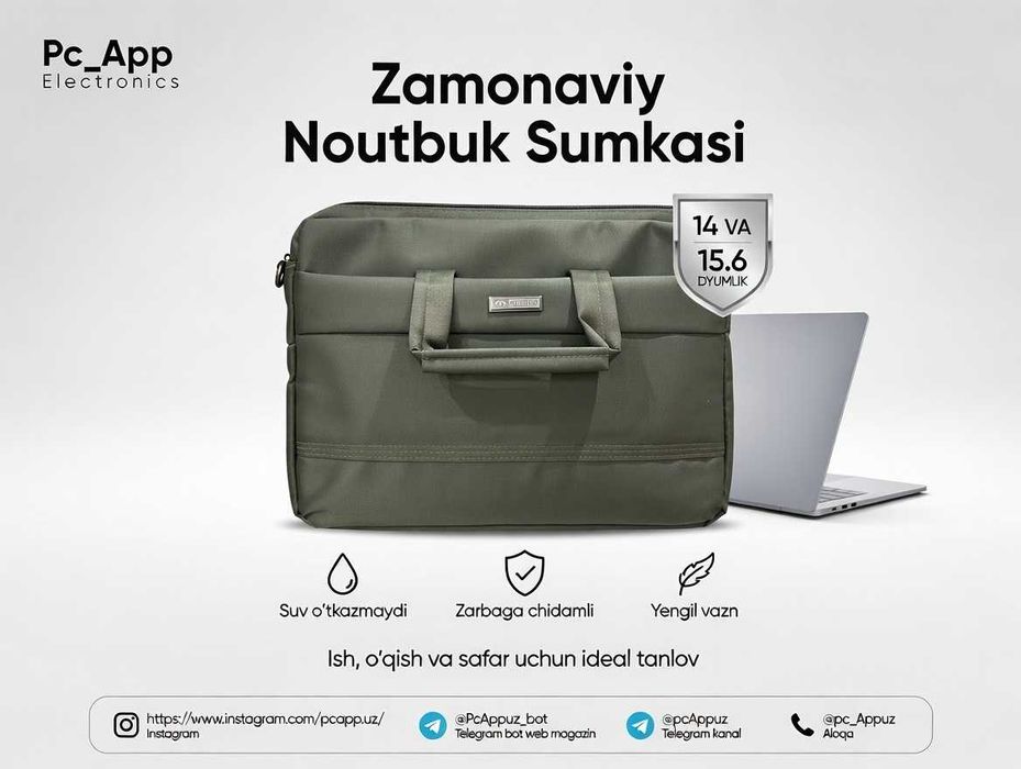 Noutbuk sumka 14″–15.6″, sifatli va mustahkam